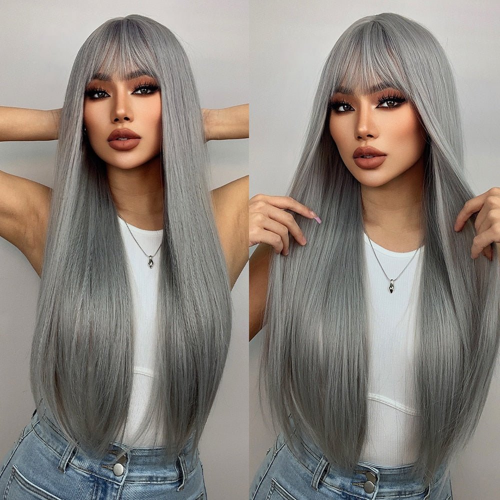 Long Straight Grey Synthetic Wigs - HairNjoy