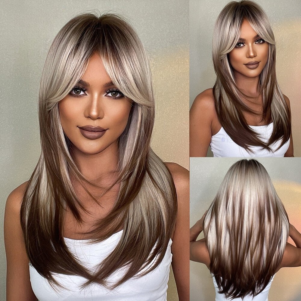 Long Straight Ombre Brown Grey Synthetic Wigs - HairNjoy