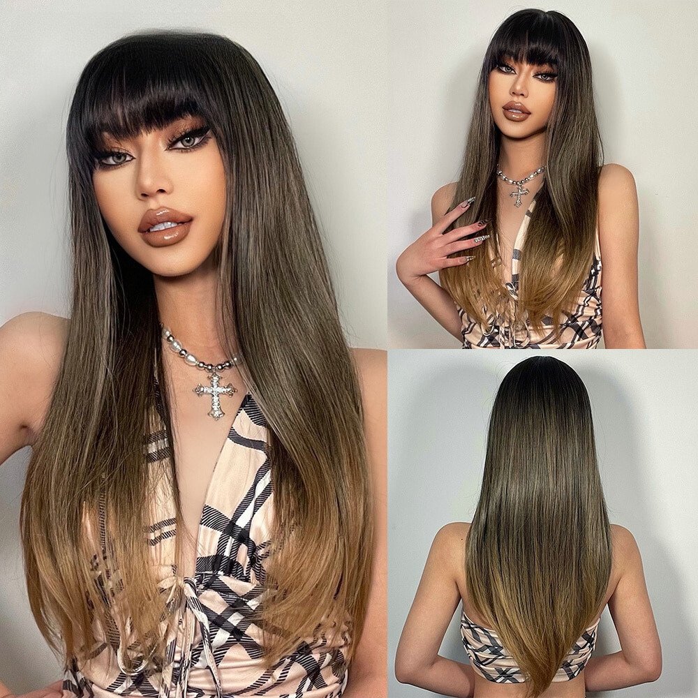 Long Straight Ombre with Bangs Synthetic Wig - HairNjoy