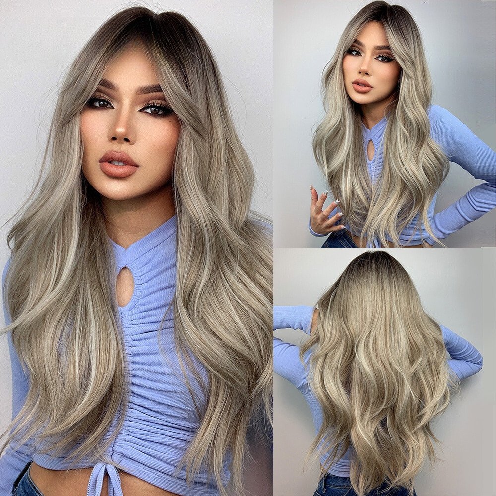 Long Wavy Ash Blonde Highlights Synthetic Wig - HairNjoy