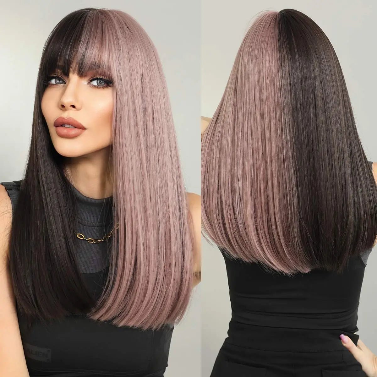 Long Wavy Black Pink Synthetic Wigs - HairNjoy