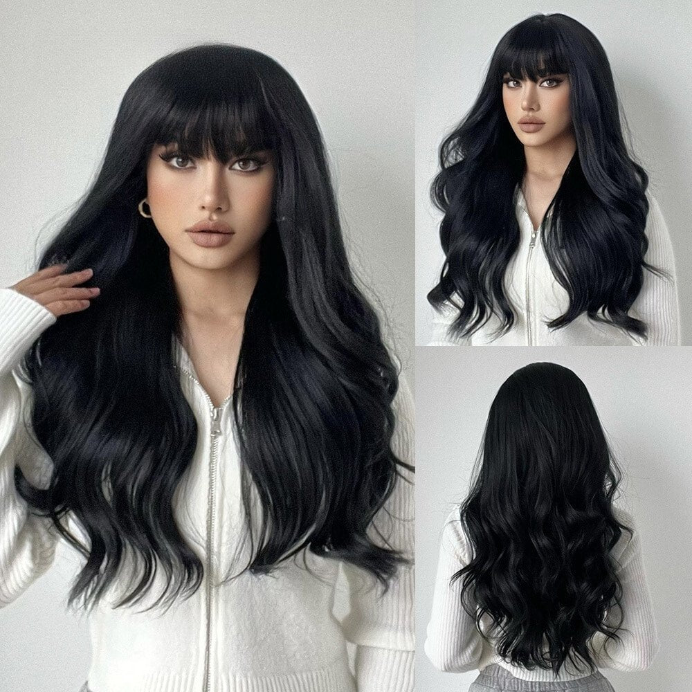 Long Wavy Black with Bangs Synthetic Wig - HairNjoy