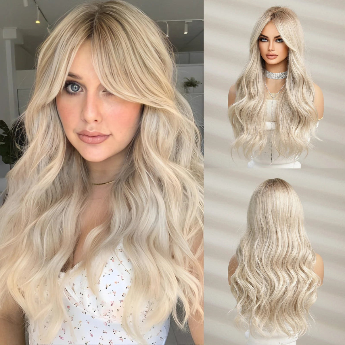 Long Wavy Blonde Grey Synthetic Wigs - HairNjoy