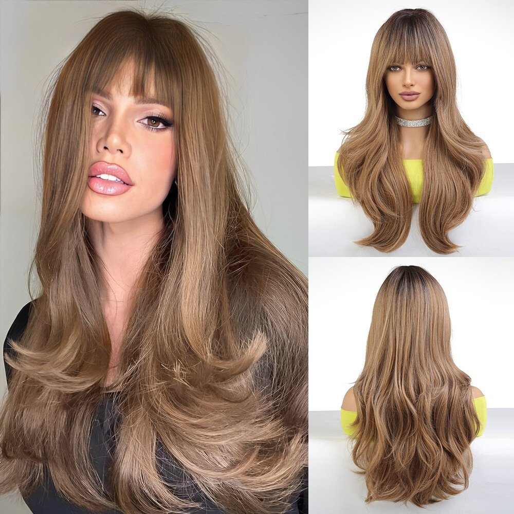 Long Wavy Blonde with Bangs Synthetic Wig - HairNjoy