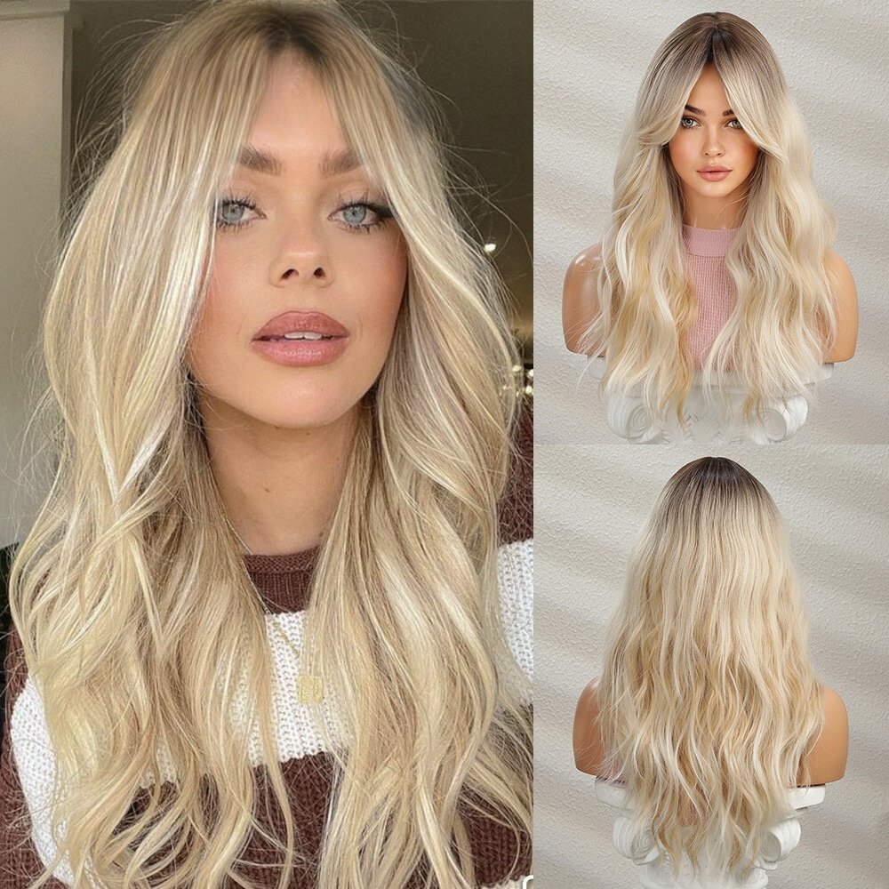 Long Wavy Blonde with Bangs Synthetic Wig - HairNjoy