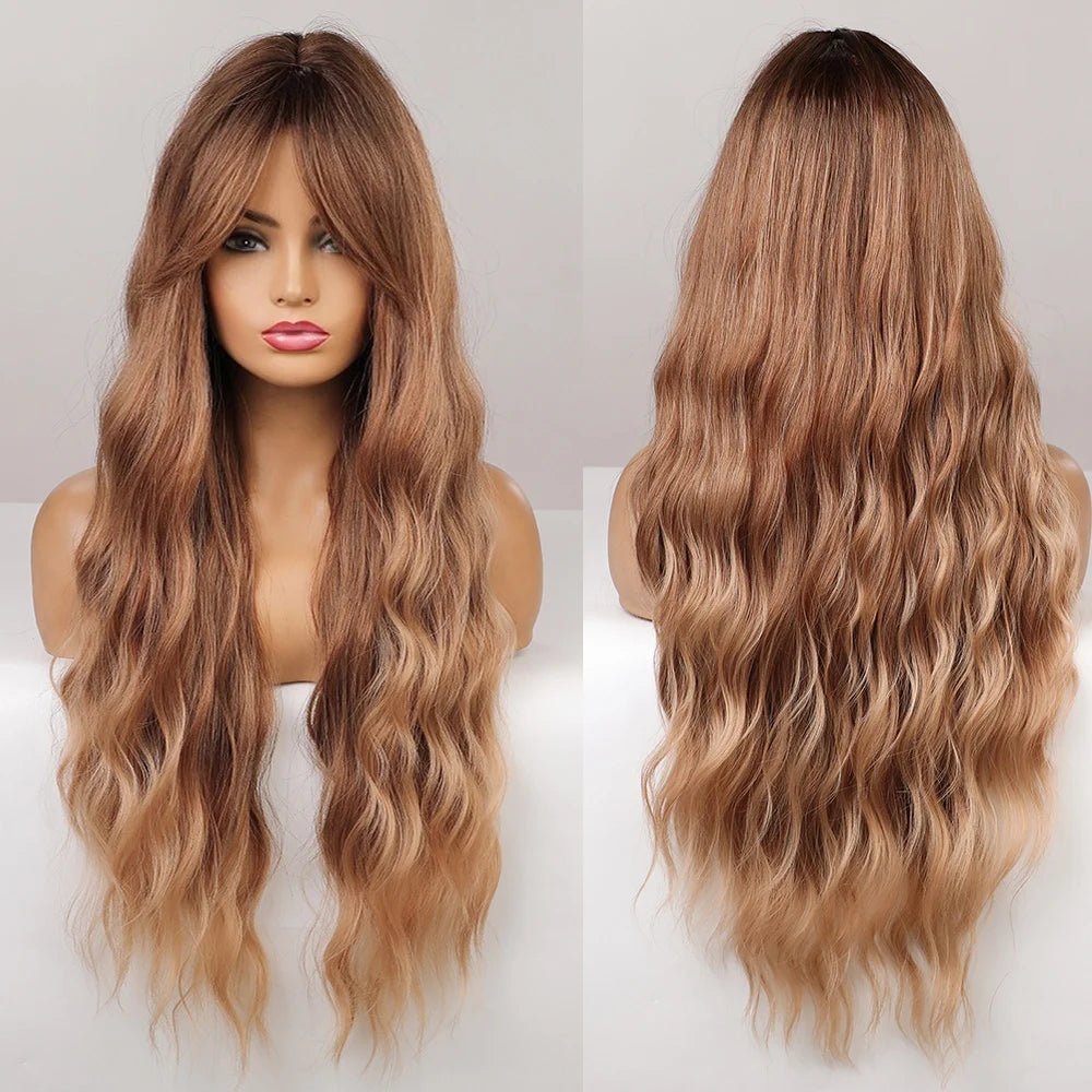Long Wavy Brown Highlights Synthetic Wigs - HairNjoy