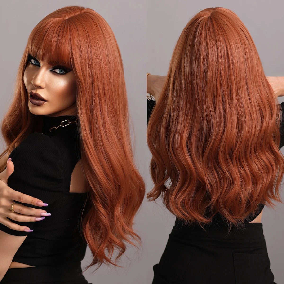 Long Wavy Ginger with Bangs Synthetic Wigs - HairNjoy