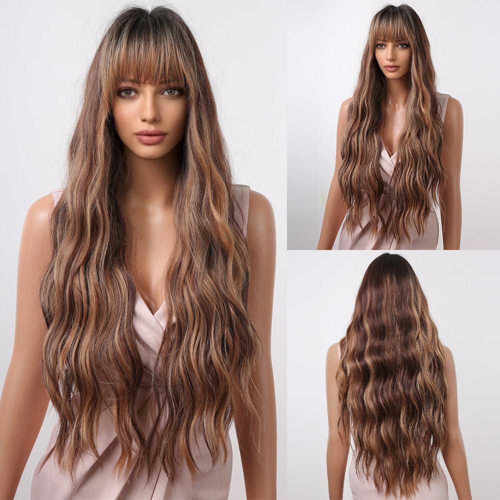 Long Wavy High Light Brown Wigs with Bangs - HairNjoy