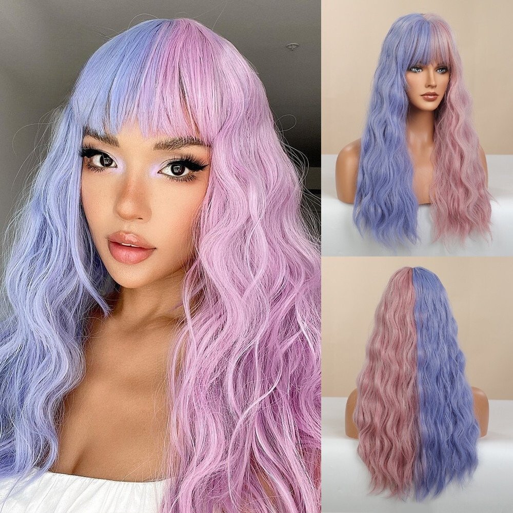 Long Wavy Mix Pink and Blue Synthetic Wig - HairNjoy