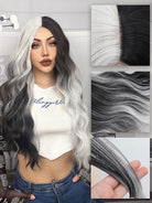 Long Wavy Ombre Black White Synthetic Wigs - HairNjoy