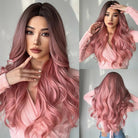 Long Wavy Ombre Pink Synthetic Wigs - HairNjoy