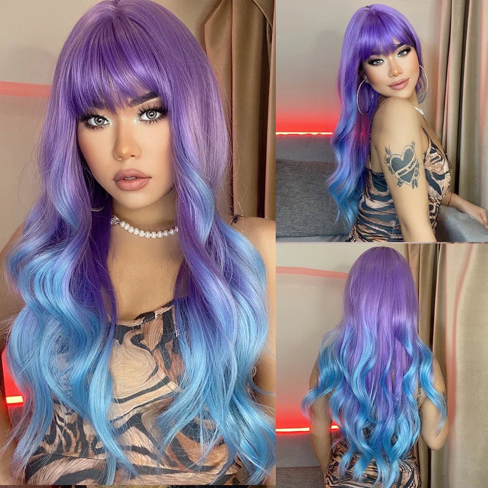 Long Wavy Ombre Purple Synthetic Wigs - HairNjoy