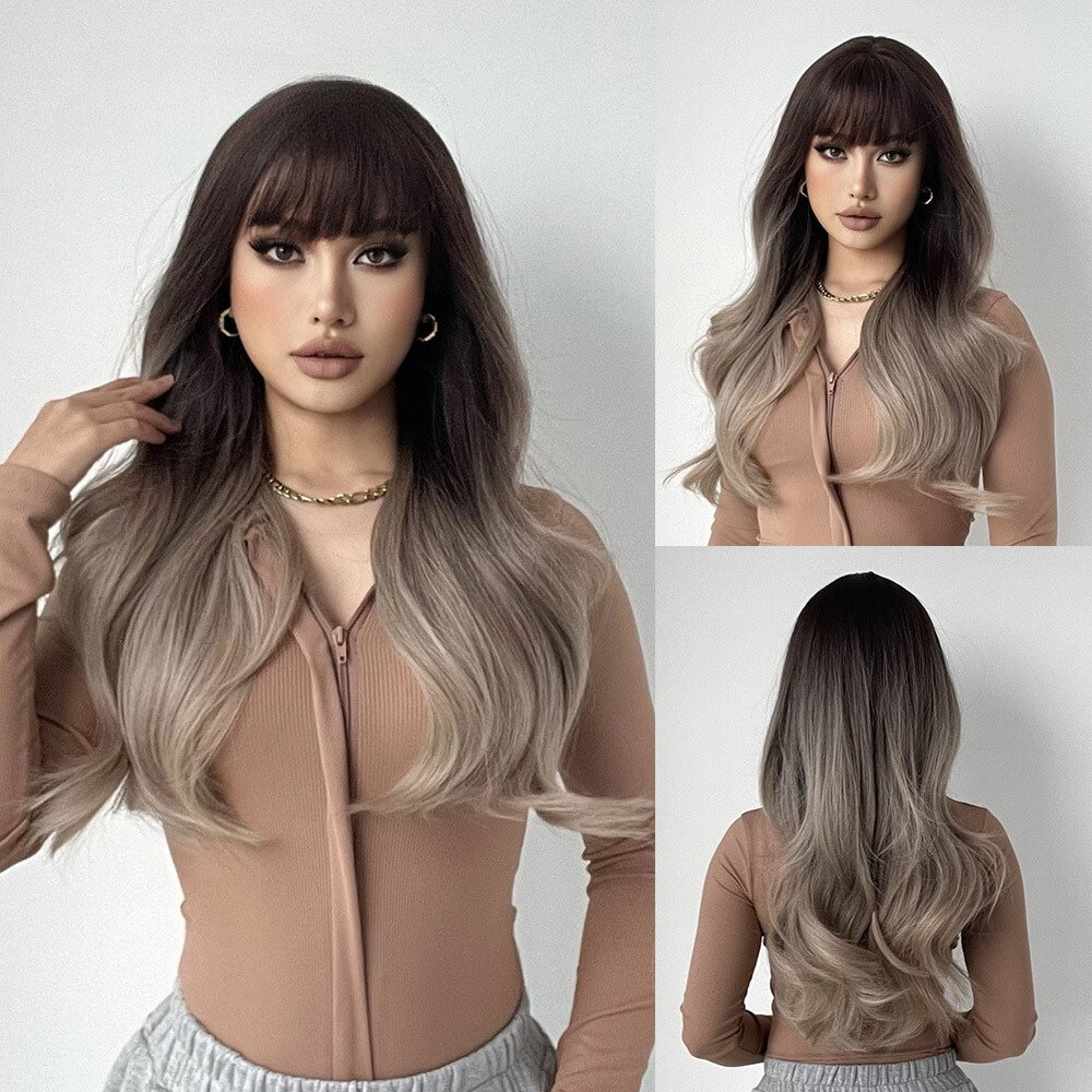 Long Wavy Ombre with Bangs Synthetic Wig - HairNjoy