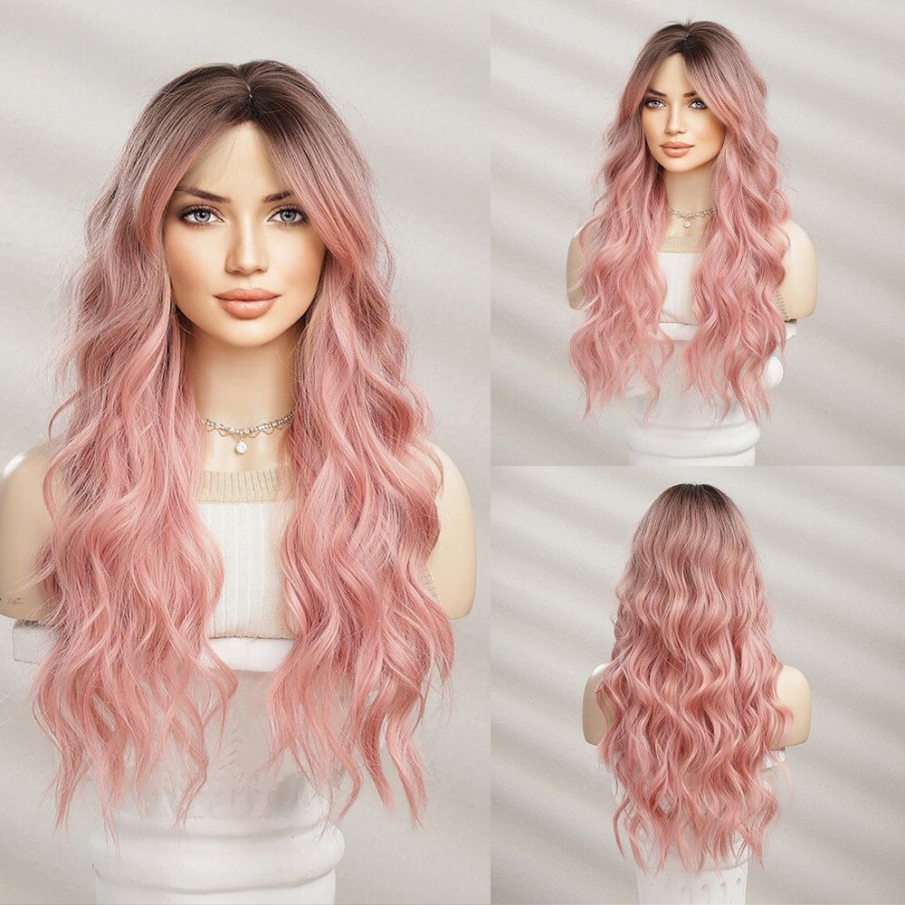 Long Wavy Pink Dark Root Synthetic Wig - HairNjoy