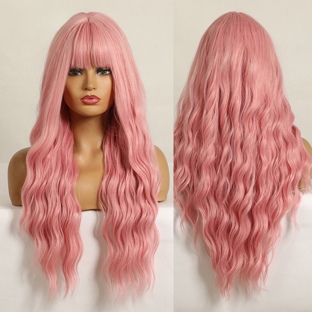 Long Wavy Pink Synthetic Wig - HairNjoy