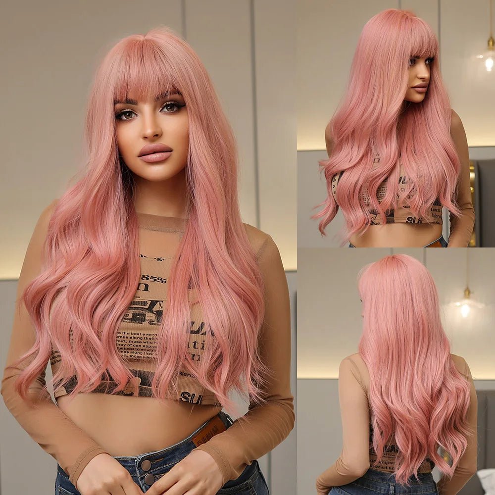Long Wavy Pink Synthetic Wigs - HairNjoy