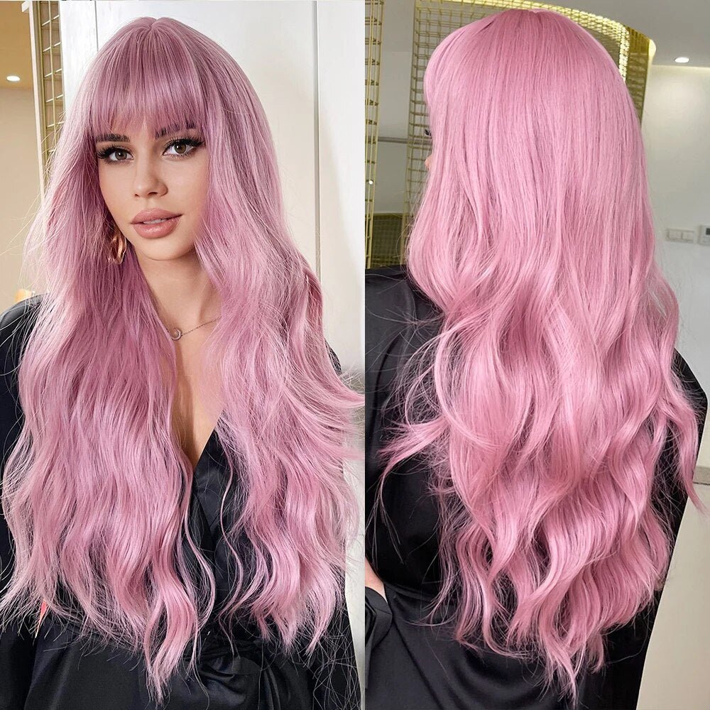 Long Wavy Pink Synthetic Wigs - HairNjoy