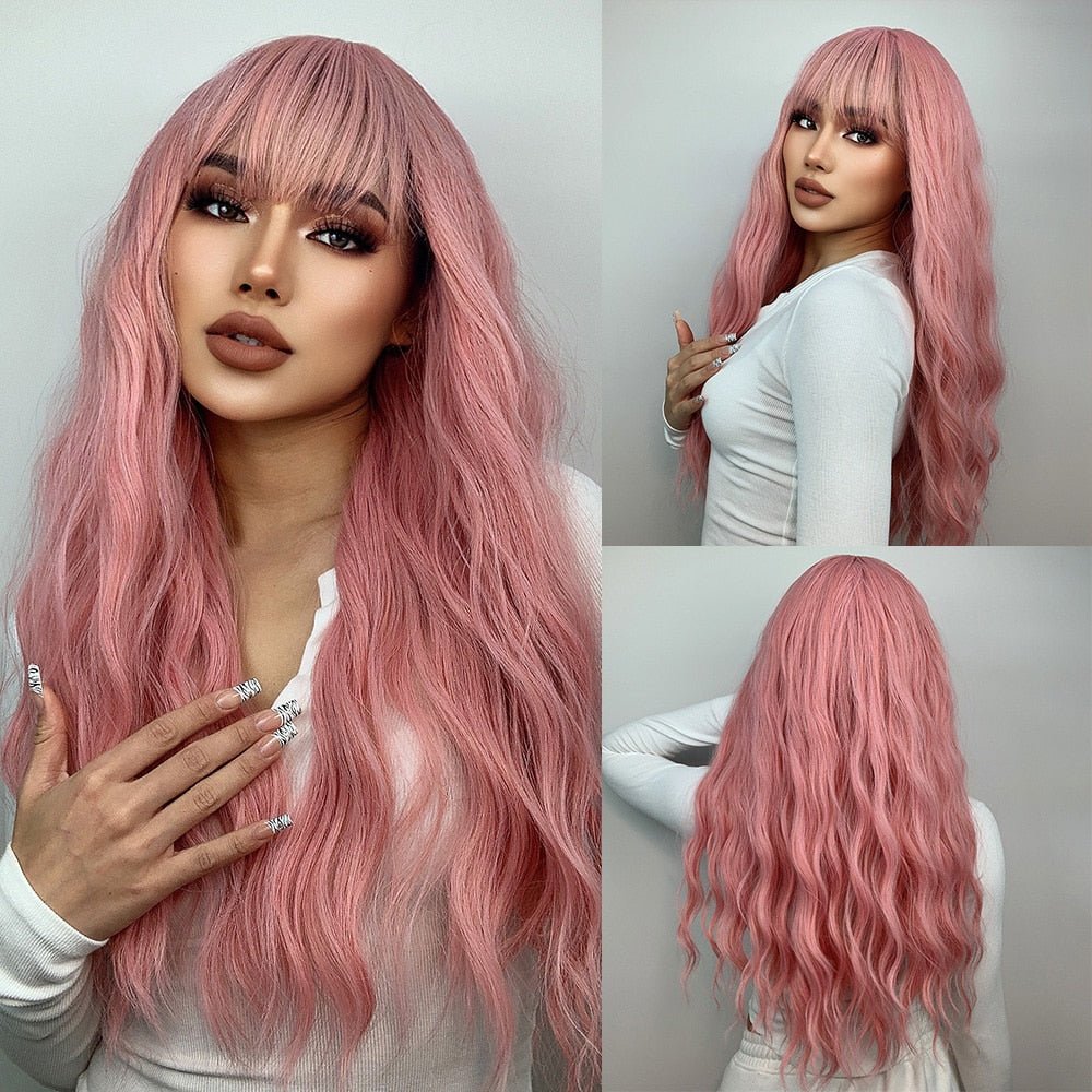 Long Wavy Pink Synthetic Wigs with Bangs - HairNjoy