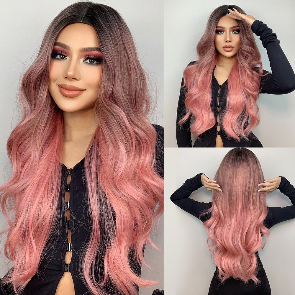 Long Wavy Pink with Brown Root Synthetic Wigs - HairNjoy