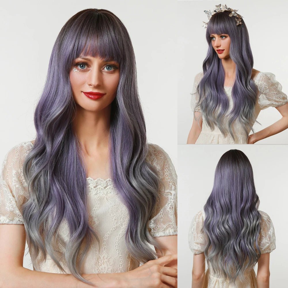 Long Wavy Purpley Grey Synthetic Wigs - HairNjoy