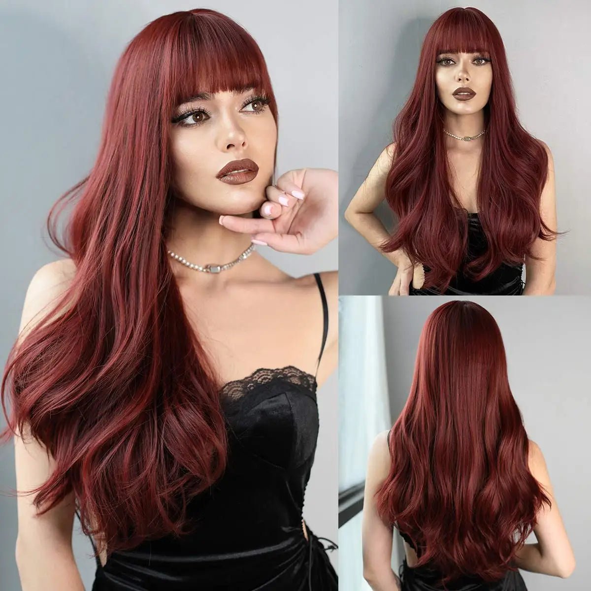 Long Wavy Wine Red Synthetic Wigs - HairNjoy