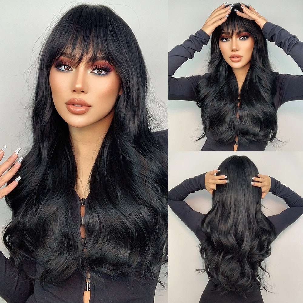 Natural Black Long Wavy Synthetic Wigs - HairNjoy