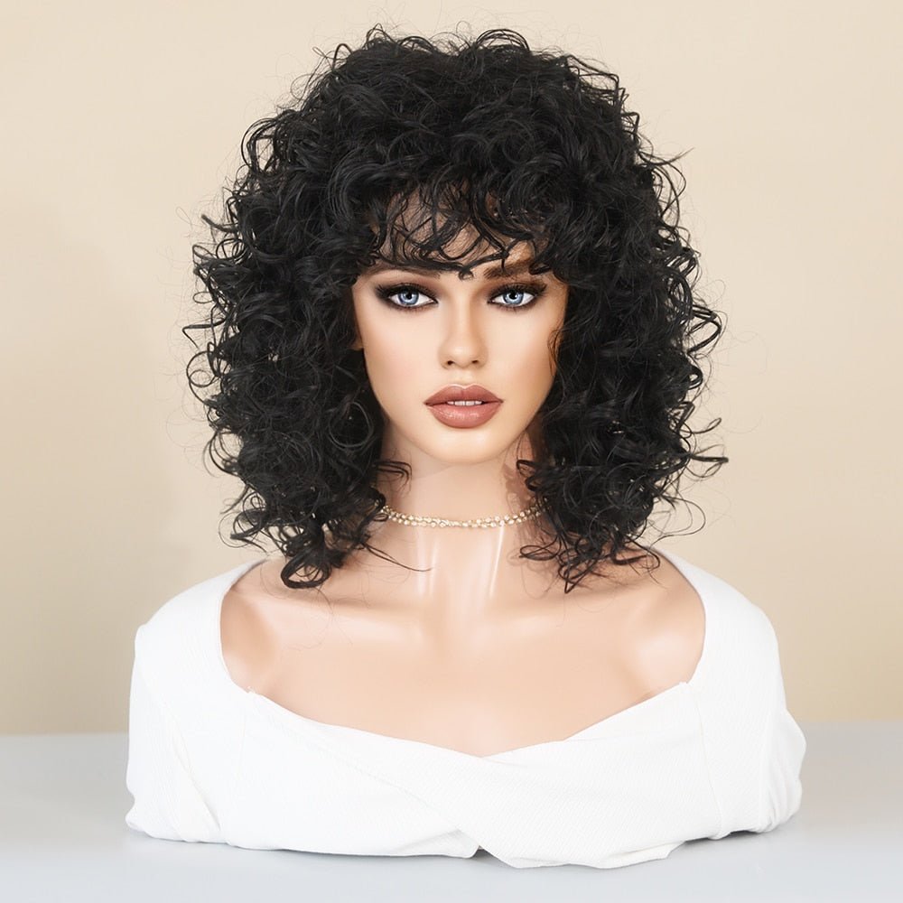 Natural Black Short Curly Synthetic Wig with Bangs - HairNjoy