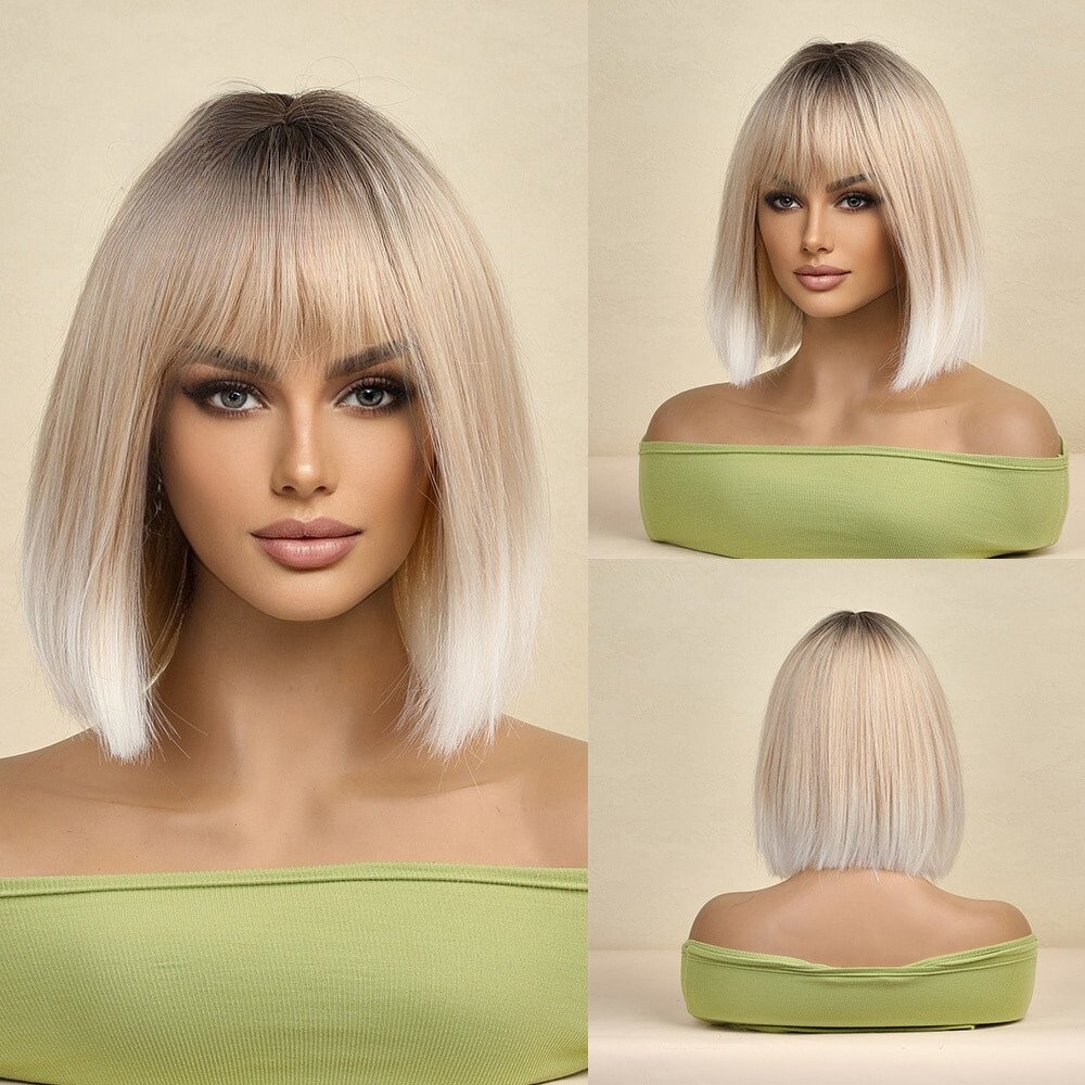 Ombre Blonde Short Straight Synthetic Wigs - HairNjoy