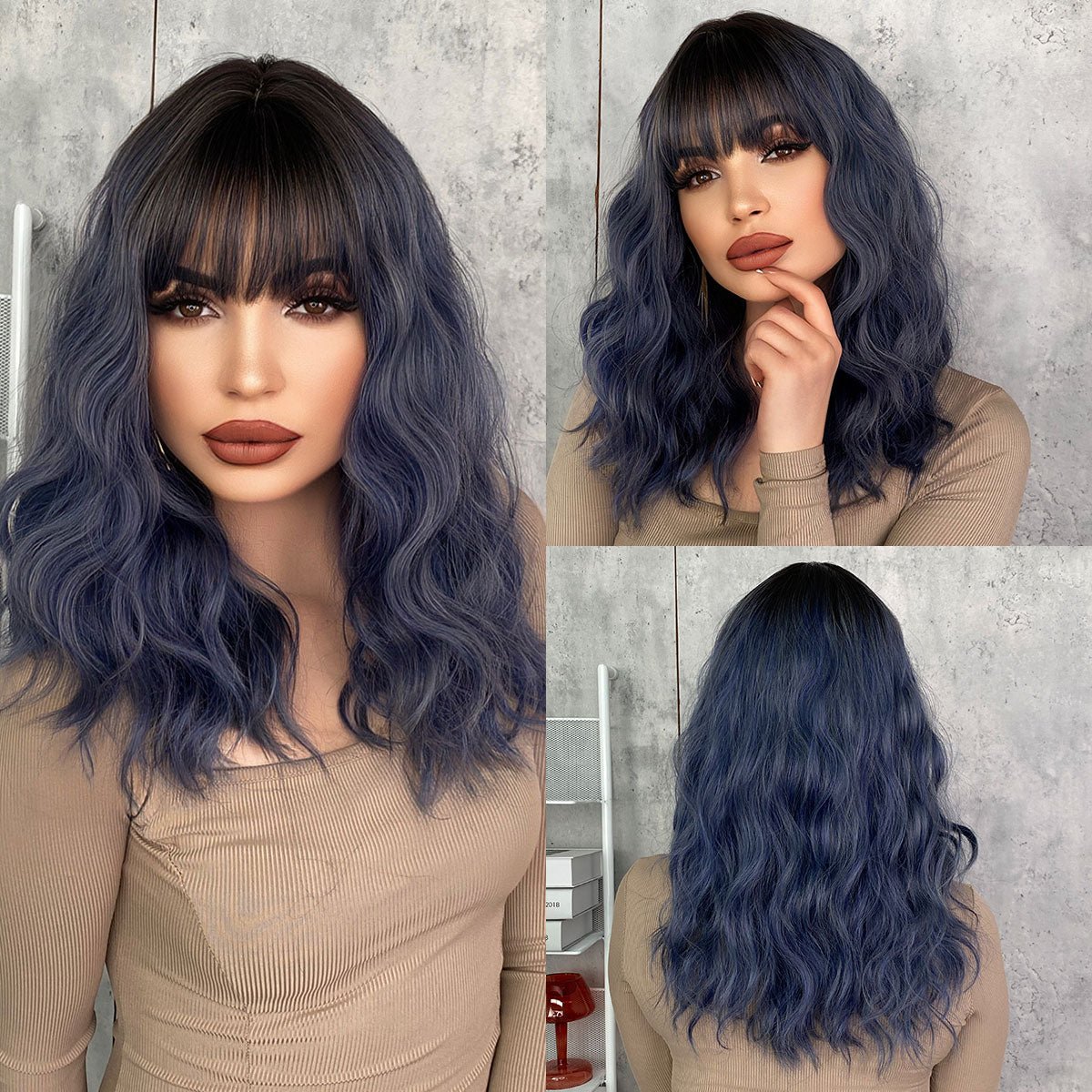 Ombre Dark Blue Wig with Bangs - HairNjoy