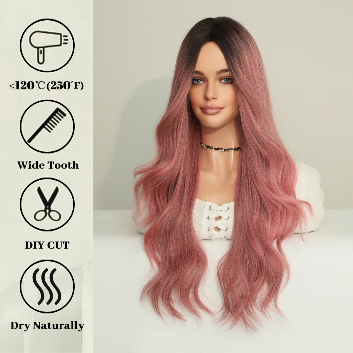 Ombre Dirty Pink Wavy Wig with Bangs - HairNjoy