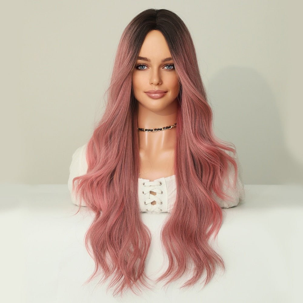Ombre Dirty Pink Wavy Wig with Bangs - HairNjoy