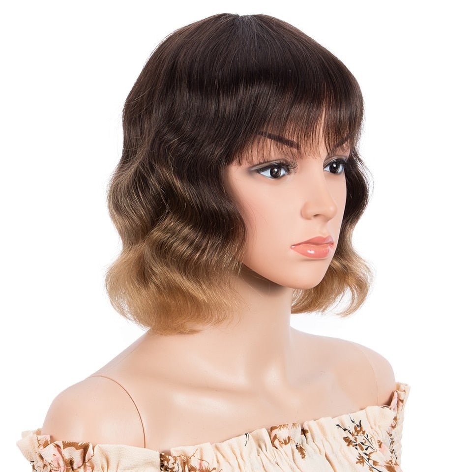 Ombre Ginger Brown Wavy Bob Human Hair Wig With Bangs - HairNjoy