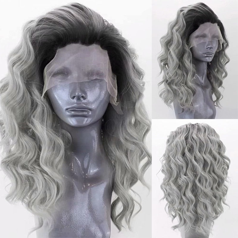 Ombre Gray Wavy Curly Synthetic Lace Front Wigs - HairNjoy