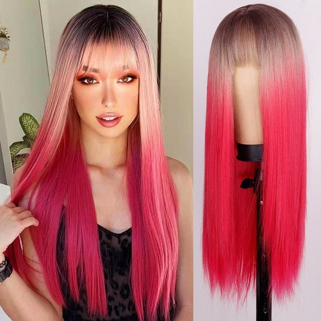 Ombre Hot Pink Straight Wig with Bangs - HairNjoy