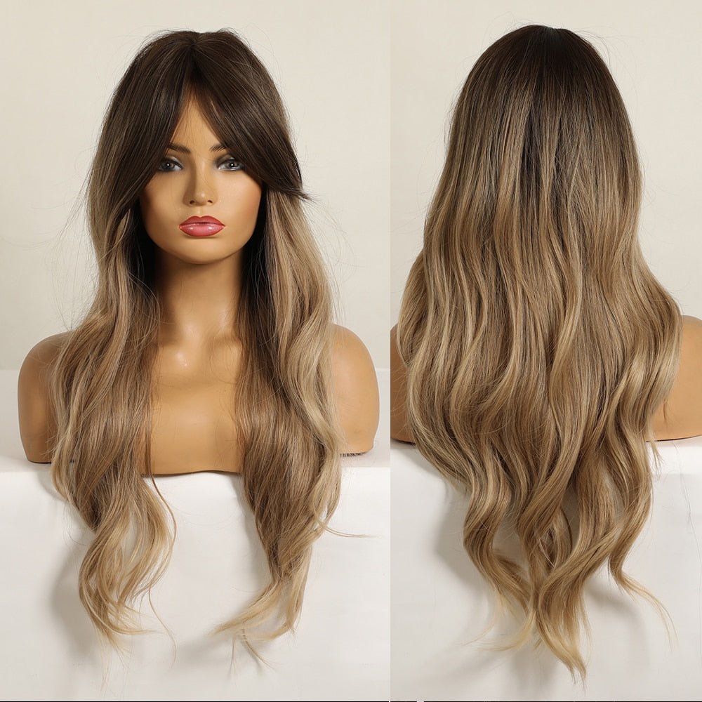 Ombre Light Brown Wavy Wigs with Side Bangs - HairNjoy