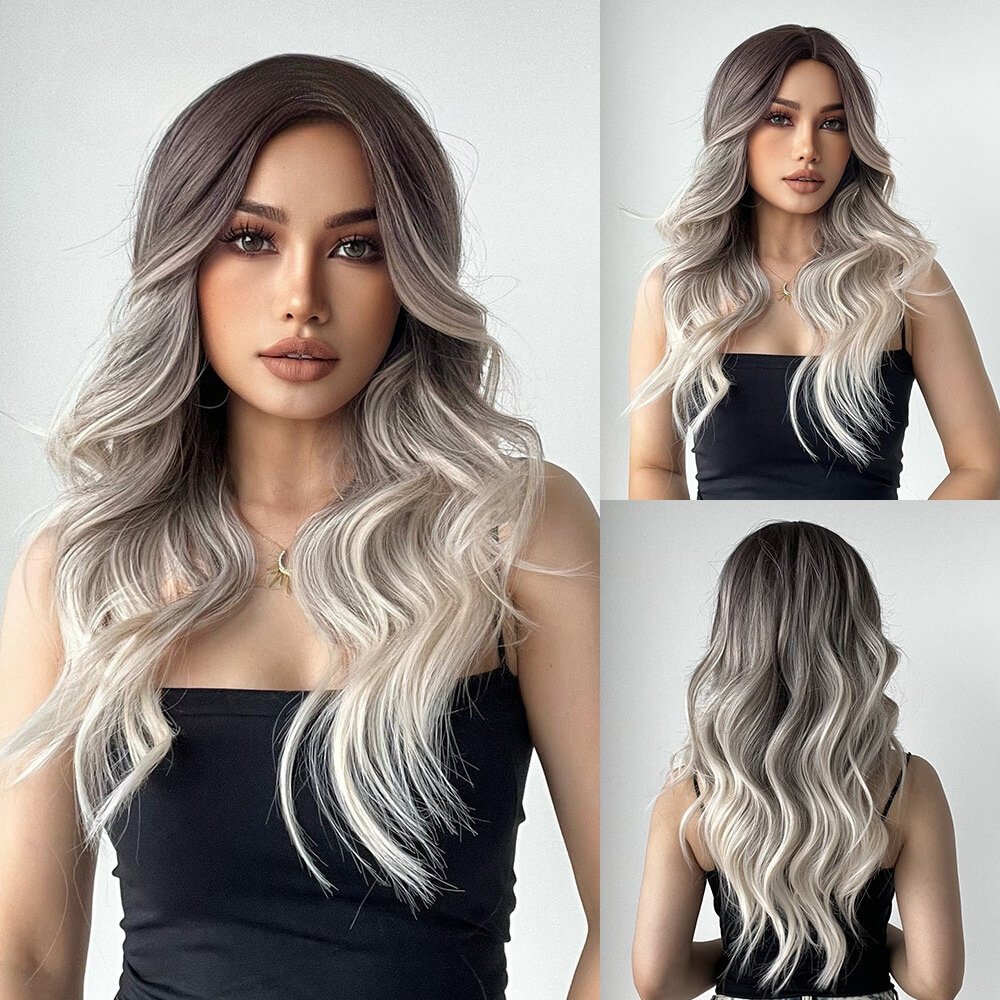 Ombre Long Brown White Bangs Synthetic Wig - HairNjoy