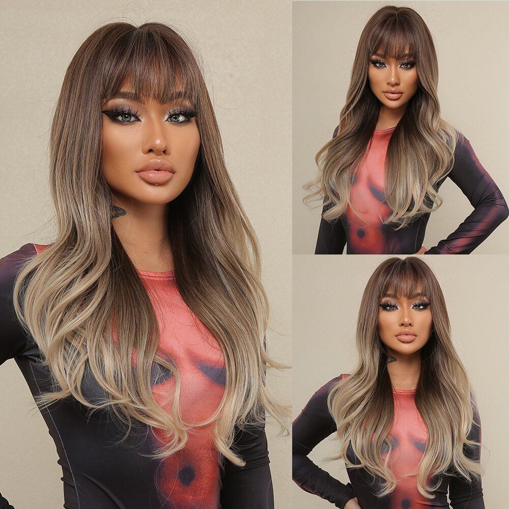 Ombre Long Wavy Synthetic Wigs with Bangs - HairNjoy