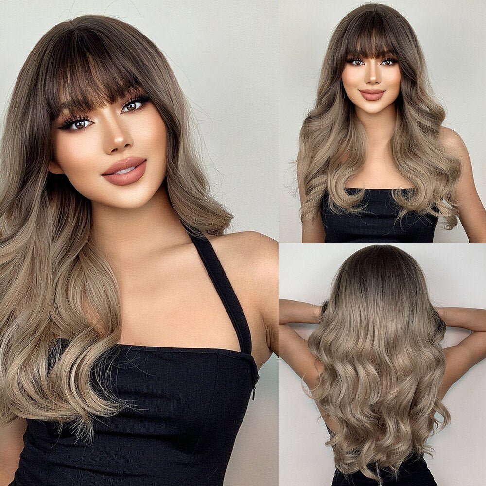 Ombre Long Wavy Synthetic Wigs with Bangs Body Wave Wigs - HairNjoy