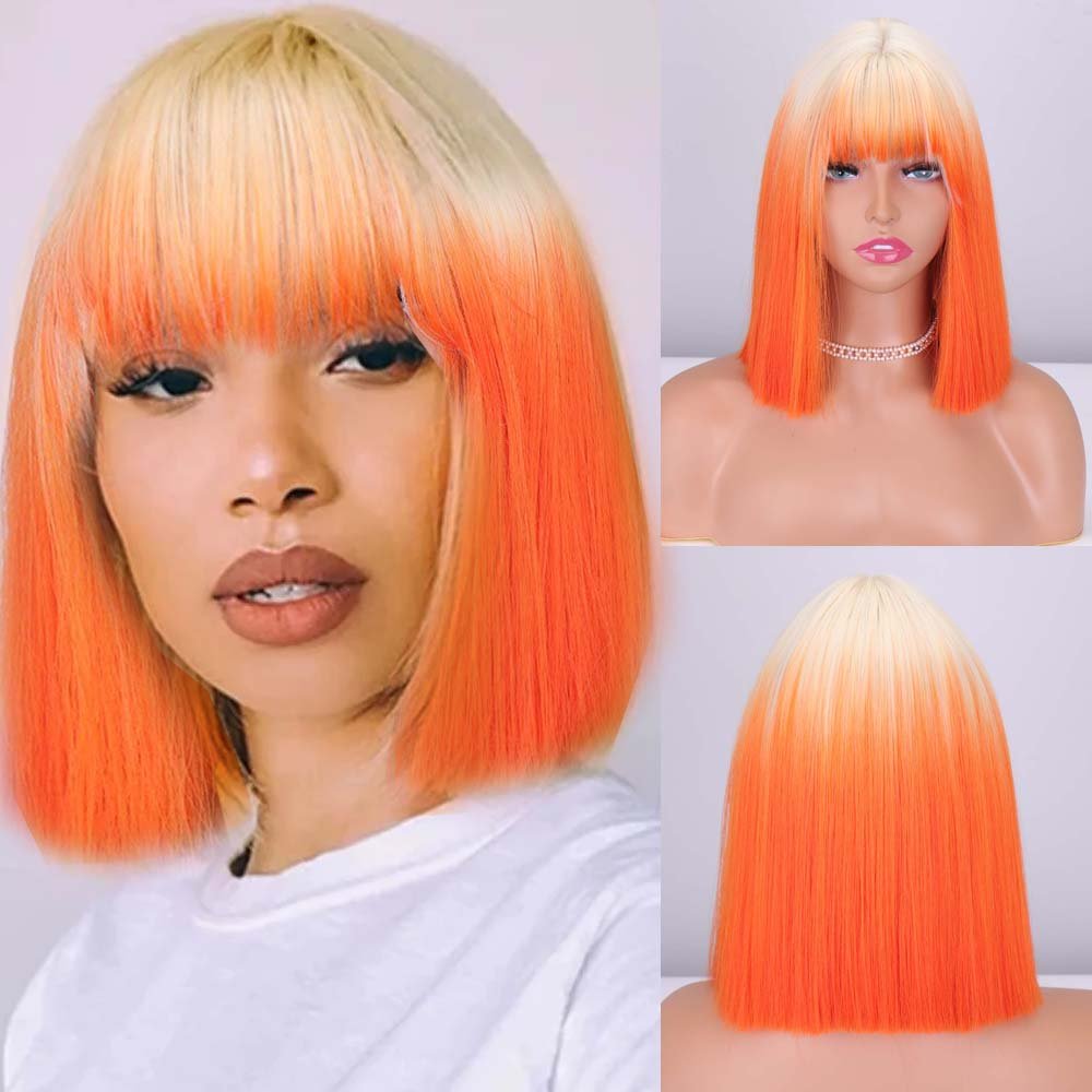 Ombre Orange Blunt Cut Wig with Bangs - HairNjoy