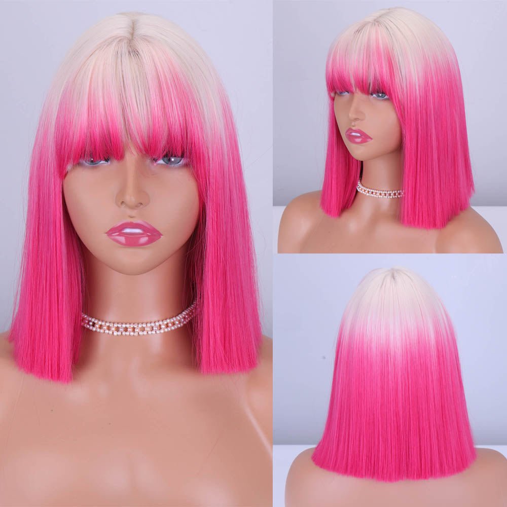Ombre Pink Bob Blunt Cut Wig with Bangs - HairNjoy