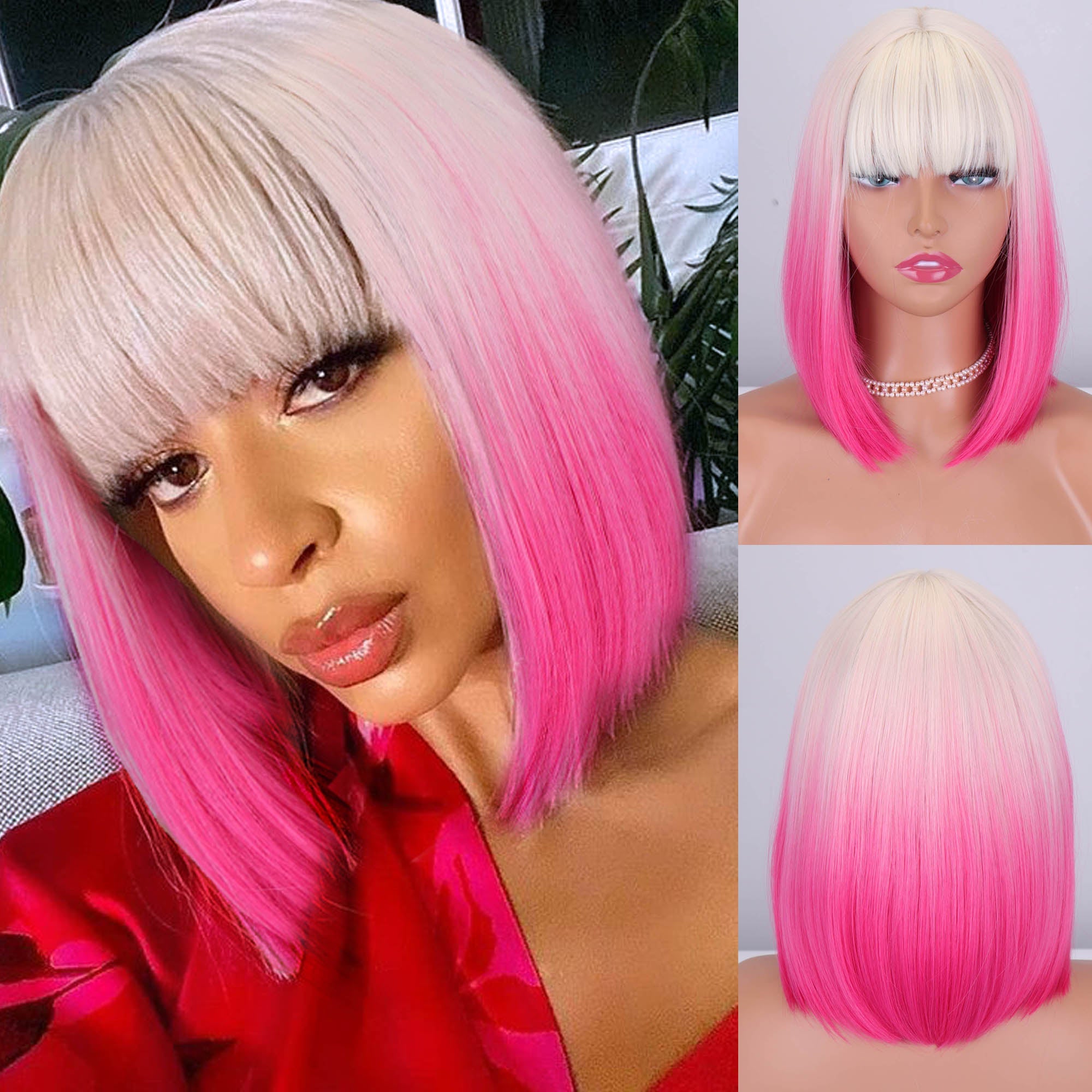 Ombre Pink Bob Wig with Bangs - HairNjoy