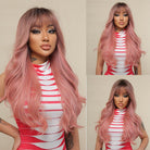 Ombre Pink Long Black Wavy Synthetic Wigs with Bangs Body Wave Wigs - HairNjoy