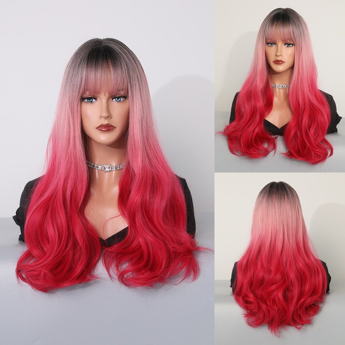 Ombre Pink Rose Red Wavy Wig with Bangs - HairNjoy