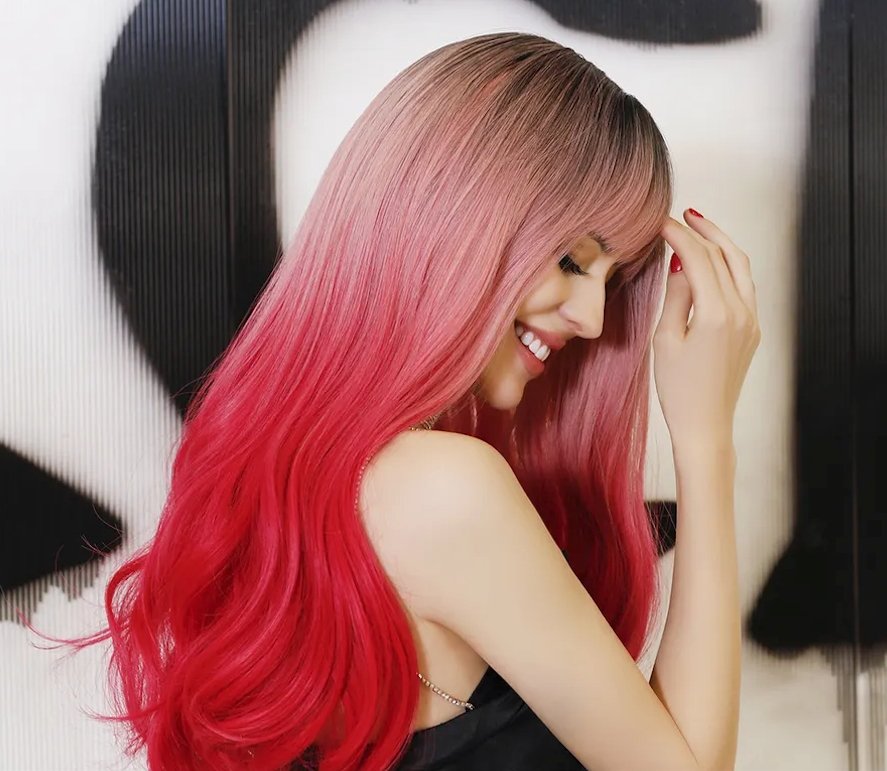 Ombre Pink Rose Red Wavy Wig with Bangs - HairNjoy