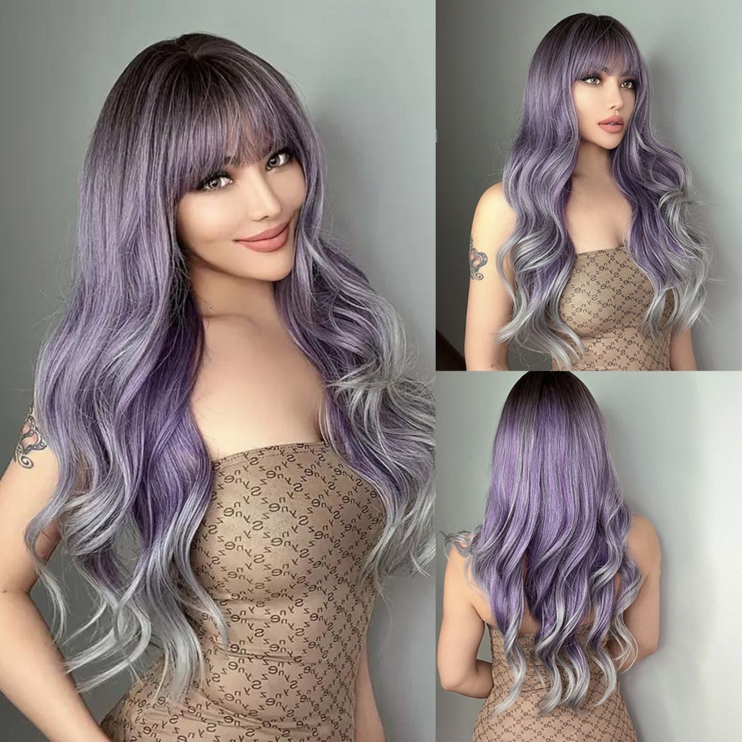 Ombre Purple Long Wavy Wig with Bangs - HairNjoy