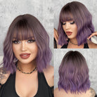 Ombre Purple Short Wavy Wig with Bangs - HairNjoy