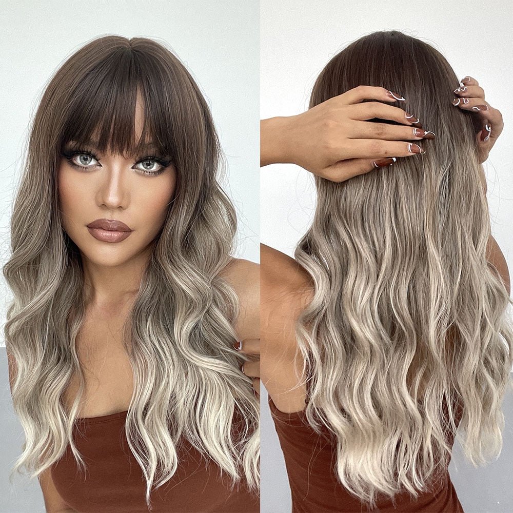 Ombre Synthetic Long body Wave Wigs with Bangs - HairNjoy