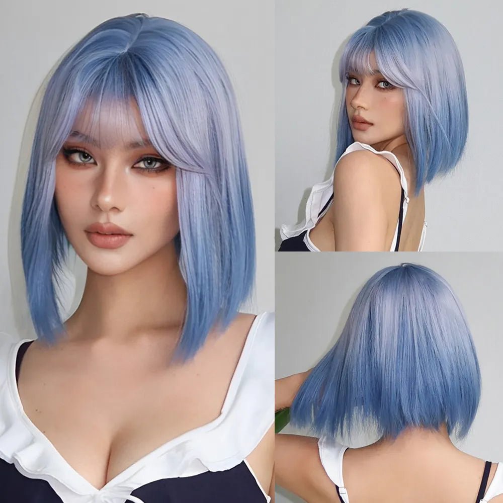 Ombre White and Blue Synthetic Short Wigs - HairNjoy