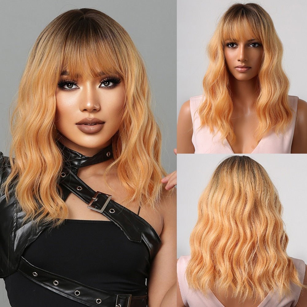 Ombre Yellow Blonde Straight Synthetic Wigs with Bangs - HairNjoy