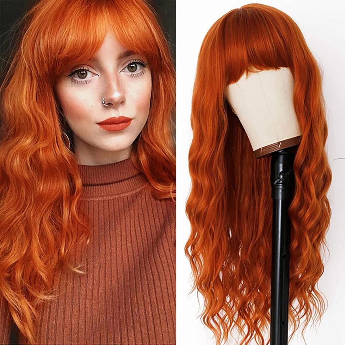 Orange Long Wavy Bangs Loose Curly Hair Wig - HairNjoy